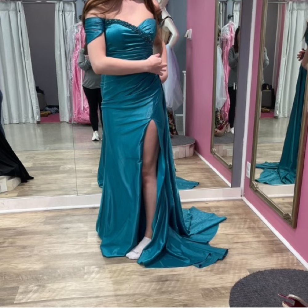 Elegant Teal Off-Shoulder prom or pageant dress